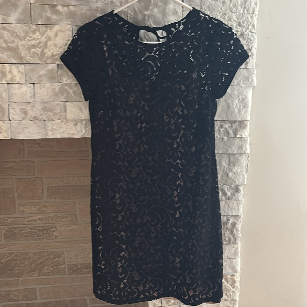 Black lace and nude short sleeve shift dress